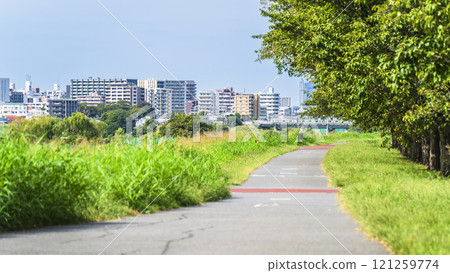 夏天的多摩川 - 沿河的房屋和鬱鬱蔥蔥的河床風景[東京大田區 - 神奈川縣川崎市] 121259774