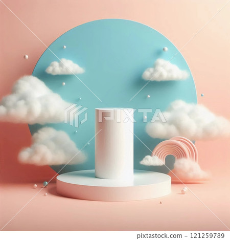 Modern cylindrical podium with surreal pastel backdrop featuring floating clouds and spheres creating a whimsical and dreamy atmosphere. Modern cylindrical podium with surreal pastel backdrop featuring floating clouds and spheres creating a whimsical and dreamy atmosphere. 121259789