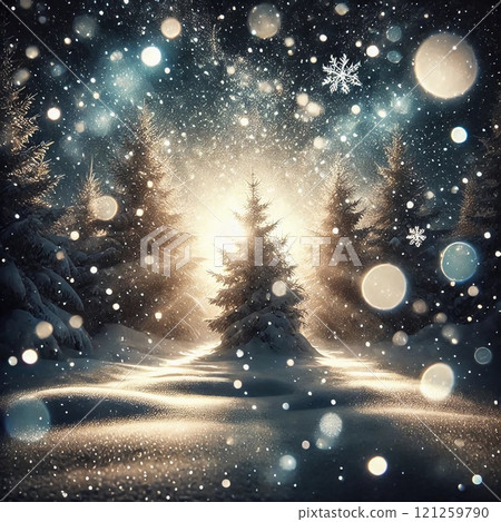 Serene winter forest scene with snow-covered evergreens illuminated by sunlight, creating a magical, ethereal atmosphere. Serene winter forest scene with snow-covered evergreens illuminated by sunlight, creating a magical, ethereal atmosphere. 121259790