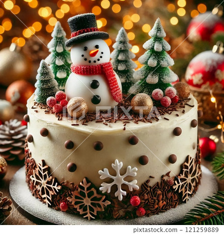 A festive Christmas cake decorated with a snowman trees and berries perfect for holiday celebrations and winter-themed events 121259889