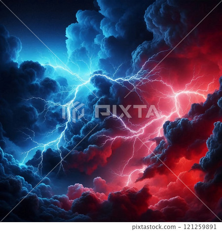 A dramatic clash of blue and red lightning in stormy clouds creating a powerful and dynamic visual effect. 121259891