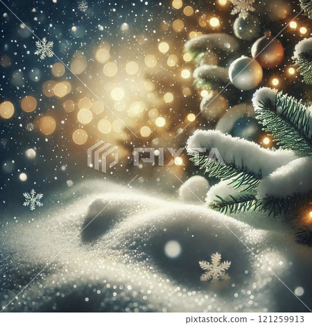 Festive Christmas scene with snow-covered branches glowing bokeh lights and falling snowflakes creating a warm magical holiday atmosphere 121259913