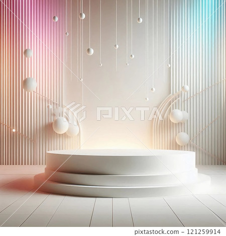 A modern minimalist stage with hanging spheres and soft lighting, perfect for product presentations or artistic performances. 121259914