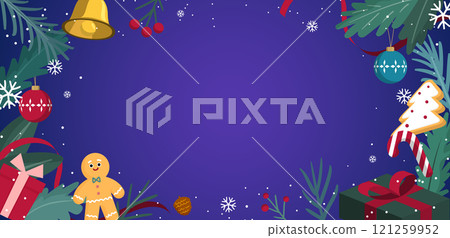 A frame illustration of a Christmas tree decoration with a purple background. 121259952