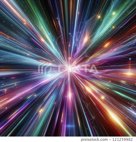 Dynamic explosion of multicolored light rays radiating from a central point creating an energetic visual effect 121259982