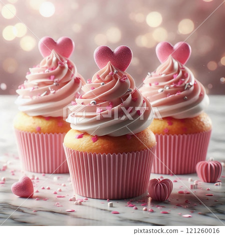 Three delicious cupcakes with pink frosting and heart-shaped decorations on a marble top, perfect for Valentine's Day or romantic occasions. 121260016