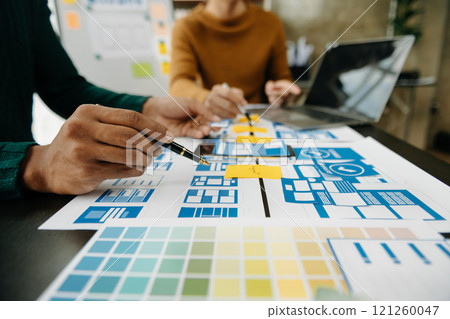 UX graphic designer planning application process development prototype wireframe for web smart phone. 121260047