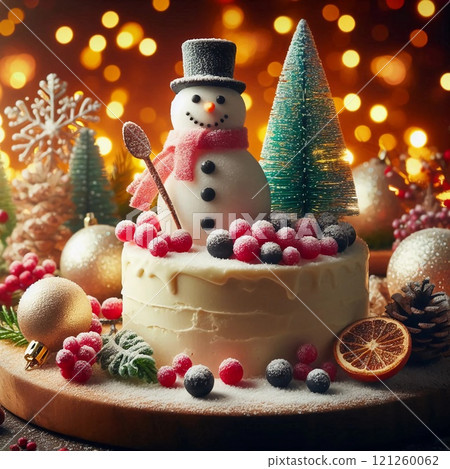 A festive Christmas cake decorated with a snowman trees and berries perfect for holiday celebrations and winter-themed events A festive Christmas cake decorated with a snowman trees and berries perfect for holiday celebrations and winter-themed events 121260062