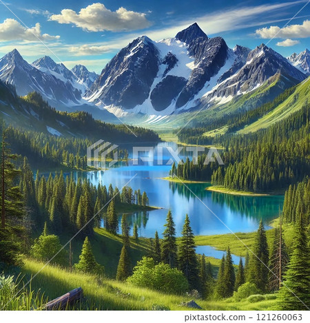 A majestic mountain landscape with a serene lake surrounded by lush pine forests and vibrant greenery under a clear blue sky A majestic mountain landscape with a serene lake surrounded by lush pine forests and vibrant greenery under a clear blue sky 121260063