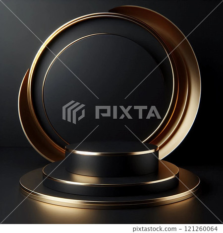 Elegant black and gold podium with two tiers perfect for showcasing luxury products or awards in a sophisticated setting Elegant black and gold podium with two tiers perfect for showcasing luxury products or awards in a sophisticated setting 121260064
