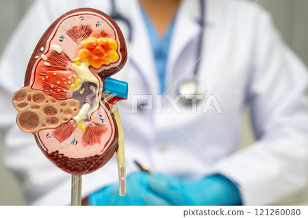 Chronic kidney disease, doctor with model for treatment urinary system, urology, Estimated glomerular filtration rate eGFR. 121260080