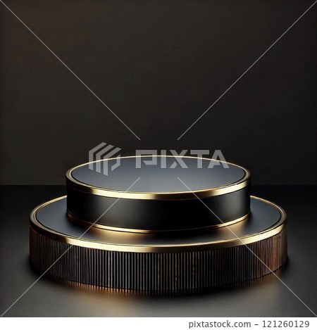 Elegant black and gold podium with two tiers perfect for showcasing luxury products or awards in a sophisticated setting 121260129