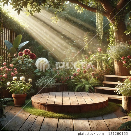 Sunlit garden with wooden stage surrounded by lush greenery and blooming flowers creating a serene and enchanting atmosphere. Sunlit garden with wooden stage surrounded by lush greenery and blooming flowers creating a serene and enchanting atmosphere. 121260163