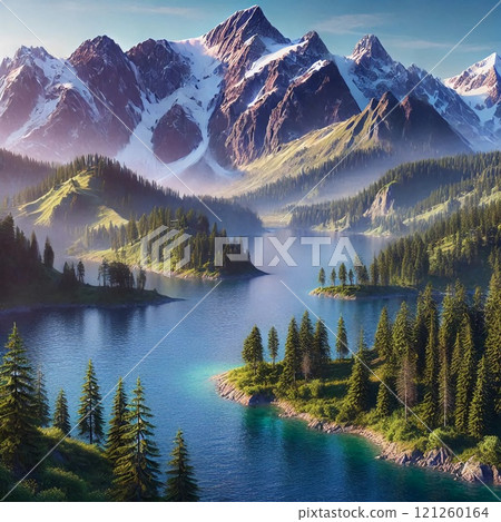 A majestic mountain landscape with a serene lake surrounded by lush pine forests and vibrant greenery under a clear blue sky A majestic mountain landscape with a serene lake surrounded by lush pine forests and vibrant greenery under a clear blue sky 121260164
