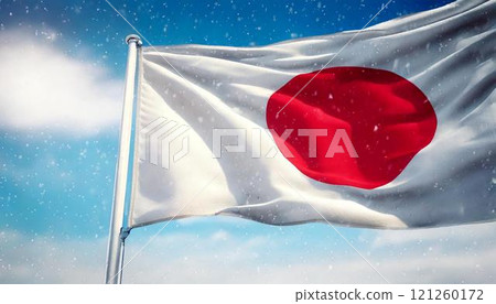 A close-up CG illustration of the Japanese flag fluttering against a snowy winter blue sky 121260172