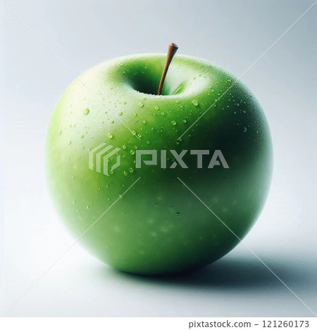 Close-Up of a Fresh Green Apple with Water Droplets on Its Surface Against a White Background, Highlighting Its Juicy and Crisp Texture, Perfect for Healthy Eating Concepts 121260173