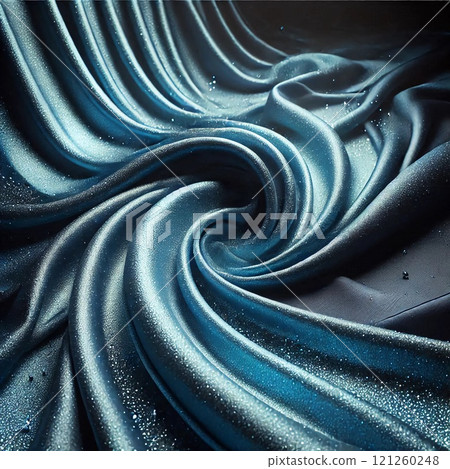 A luxurious blue silk fabric with sequins that create elegant folds and enchanting texture in soft lighting. 121260248