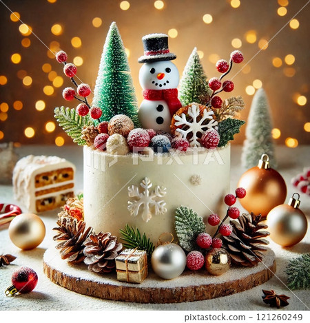 A festive Christmas cake decorated with a snowman trees and berries perfect for holiday celebrations and winter-themed events 121260249