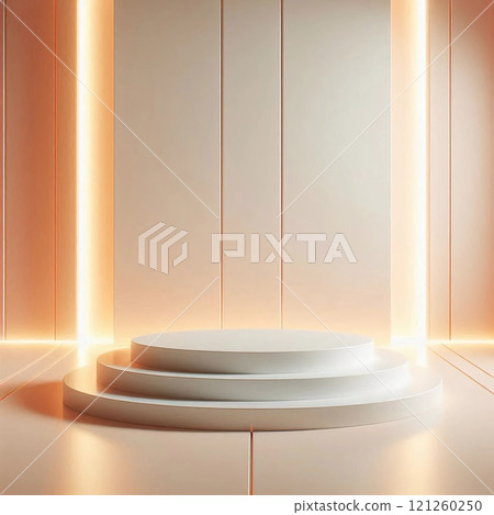 A modern minimalist stage with hanging spheres and soft lighting, perfect for product presentations or artistic performances. 121260250