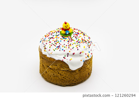Ukrainian and Russian traditional Kulich or Paska against white background. Easter Paska or Easter Cake. 121260294