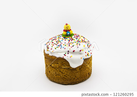 Ukrainian and Russian traditional Kulich or Paska against white background. Easter Paska or Easter Cake. Ukrainian and Russian traditional Kulich or Paska against white background. Easter Paska or Easter Cake. 121260295