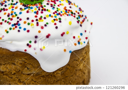 Ukrainian and Russian traditional Kulich or Paska against white background. Easter Paska or Easter Cake. Ukrainian and Russian traditional Kulich or Paska against white background. Easter Paska or Easter Cake. 121260296