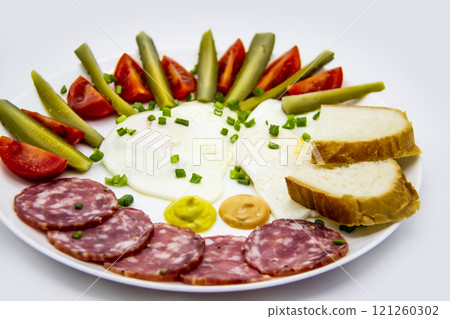 Delicious breakfast with eggs, salami, cucumbers, cherry tomatoes, slices of loaf, sauces and green onion on top on a white plate. Healthy and tasty meal for breakfast or lunch. 121260302