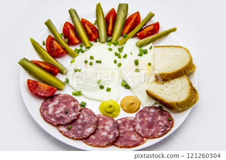 Delicious breakfast with eggs, salami, cucumbers, cherry tomatoes, slices of loaf, sauces and green onion on top on a white plate. Healthy and tasty meal for breakfast or lunch. 121260304