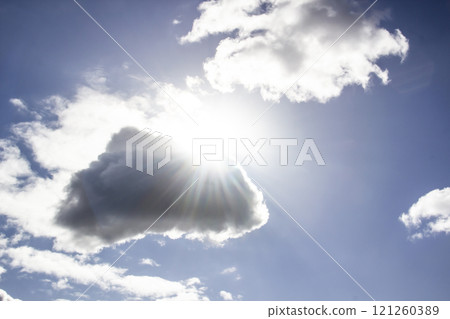 Clouds in the blue sky with a sun light. A miracle Gods light against background. Pattern from clouds in the sky. Clouds in the blue sky with a sun light. A miracle Gods light against background. Pattern from clouds in the sky. 121260389