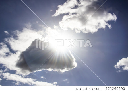 Clouds in the blue sky with a sun light. A miracle Gods light against background. Pattern from clouds in the sky. Clouds in the blue sky with a sun light. A miracle Gods light against background. Pattern from clouds in the sky. 121260390
