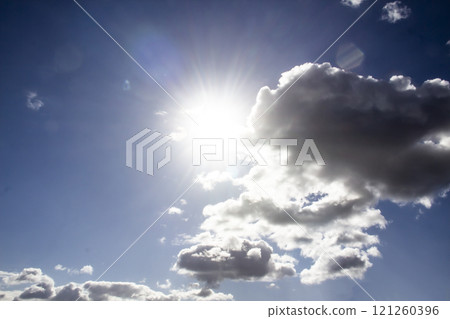 Clouds in the blue sky with a sun light. A miracle Gods light against background. Pattern from clouds in the sky. 121260396