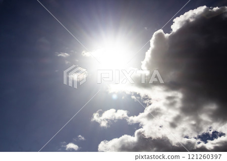 Clouds in the blue sky with a sun light. A miracle Gods light against background. Pattern from clouds in the sky. Clouds in the blue sky with a sun light. A miracle Gods light against background. Pattern from clouds in the sky. 121260397