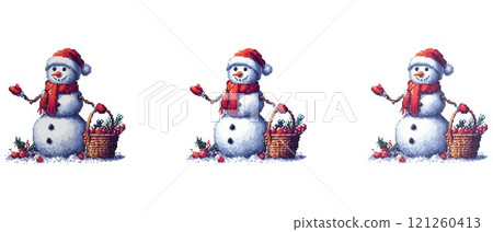Snowman with a red hat and scarf holds a basket of berries and greenery standing on snow with scattered berries around. 121260413