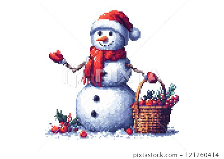 Snowman with a red hat and scarf holds a basket of berries and greenery standing on snow with scattered berries around. Snowman with a red hat and scarf holds a basket of berries and greenery standing on snow with scattered berries around. 121260414