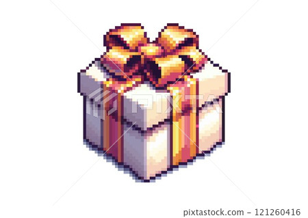 Pixel art style gift box with a large golden bow on top and golden ribbons wrapped around it. Pixel art style gift box with a large golden bow on top and golden ribbons wrapped around it. 121260416