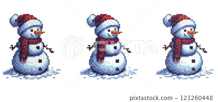 A pixel art snowman with a red hat and scarf stands on snow with stick arms and a carrot nose. A pixel art snowman with a red hat and scarf stands on snow with stick arms and a carrot nose. 121260448