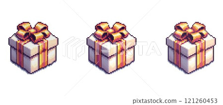 Pixel art style gift box with a large golden bow on top and golden ribbons wrapped around it. 121260453