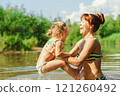 mom and child swim in the river 121260492