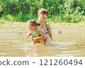 mom and child swim in the river 121260494