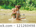 mom and child swim in the river 121260498