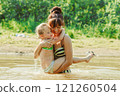 mom and child swim in the river 121260504