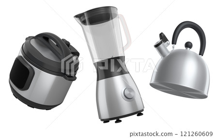Kitchen appliances and utensils for making breakfast on white background Kitchen appliances and utensils for making breakfast on white background 121260609