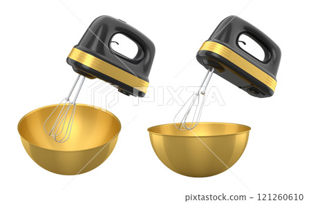 Metal bowl with electric mixer kitchen appliance for blending on white table 121260610