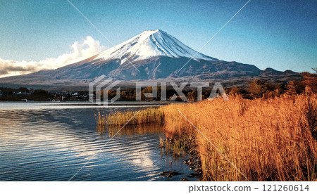Retro-styled Mount Fuji towering in the distance 121260614