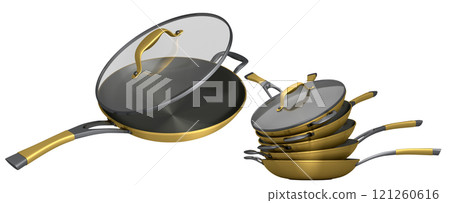 Set of stewpot, frying pan and chrome plated cookware on white background 121260616