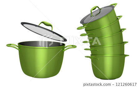 Set of stewpot, frying pan and chrome plated cookware on white background 121260617