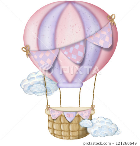 Air Balloons with clouds and balloon shape heart. Pastel colors,mean boy and girl baby. Air Balloons with clouds and balloon shape heart. Pastel colors,mean boy and girl baby. 121260649