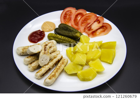 Delicious homemade chicken sausages with tomatoes, cucumbers, potato and souces. Fragrant sausages made from non-GMO chicken. Toasted Mini Sausages from chicken on the plate. Ukrainian tasty food. Delicious homemade chicken sausages with tomatoes, cucumbers, potato and souces. Fragrant sausages made from non-GMO chicken. Toasted Mini Sausages from chicken on the plate. Ukrainian tasty food. 121260679