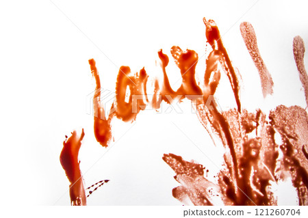 A smeared blood against white background. Bloody pattern. Concepts of blood can be used in design A smeared blood against white background. Bloody pattern. Concepts of blood can be used in design 121260704