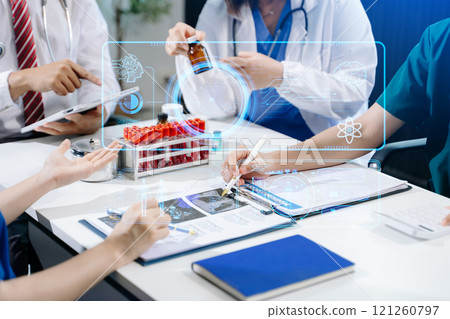 Medical technology, team doctor use AI robots for diagnosis and increasing accuracy patient treatment in future. doctor hand working with tablet, computer 121260797